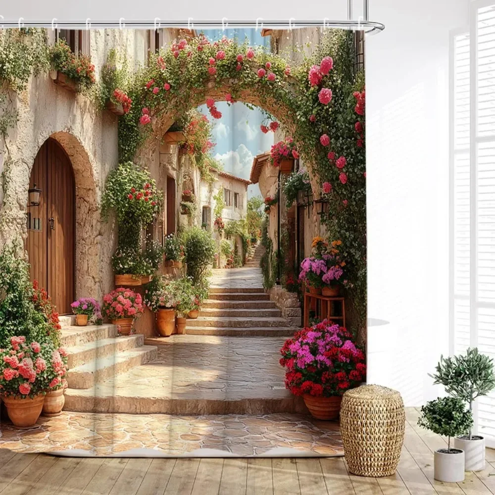 

Vintage Italian Street Shower Curtain Arch Architecture Floral Plant Scenery Fabric Home Bathroom Decor Bath Curtains With Hooks