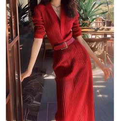 2024 French Women's Autumn and Winter Red Fashion Knitted Dress with Temperament, Slim Fit Long Hairy Dress