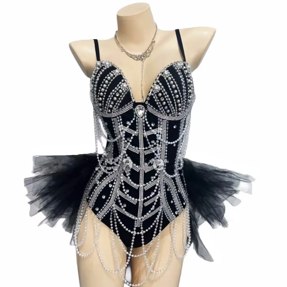 

Sparkly Rhinestones Black Gauze Bodysuit Sexy Nightclub Bar Dancer Sexy Stage Wear Party Women Dance Team Performance Costume