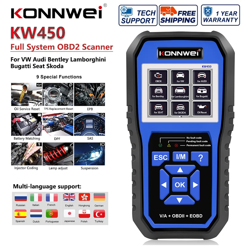 2026 KONNWEI KW450 Full Systems OBD2 Diagnostic Tool VW Audi SEAT SKODA ABS Airbag Oil EPB DPF SRS TPMS Reset Scanner VAG COM