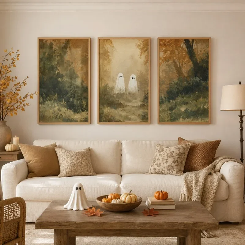 （Unframe 3PCS）-Retro Halloween Poster Print, A Terrifying Ghost in The Misty Autumn Forest, Suitable for Home and Halloween P