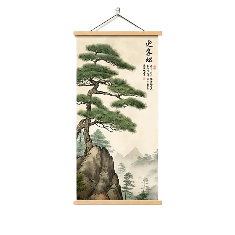 

Wall Art, Chinese Style Guest-Greeting Pine Landscape Scroll Painting for Entrance Hall & Corridor Decor, Home Porch Poster
