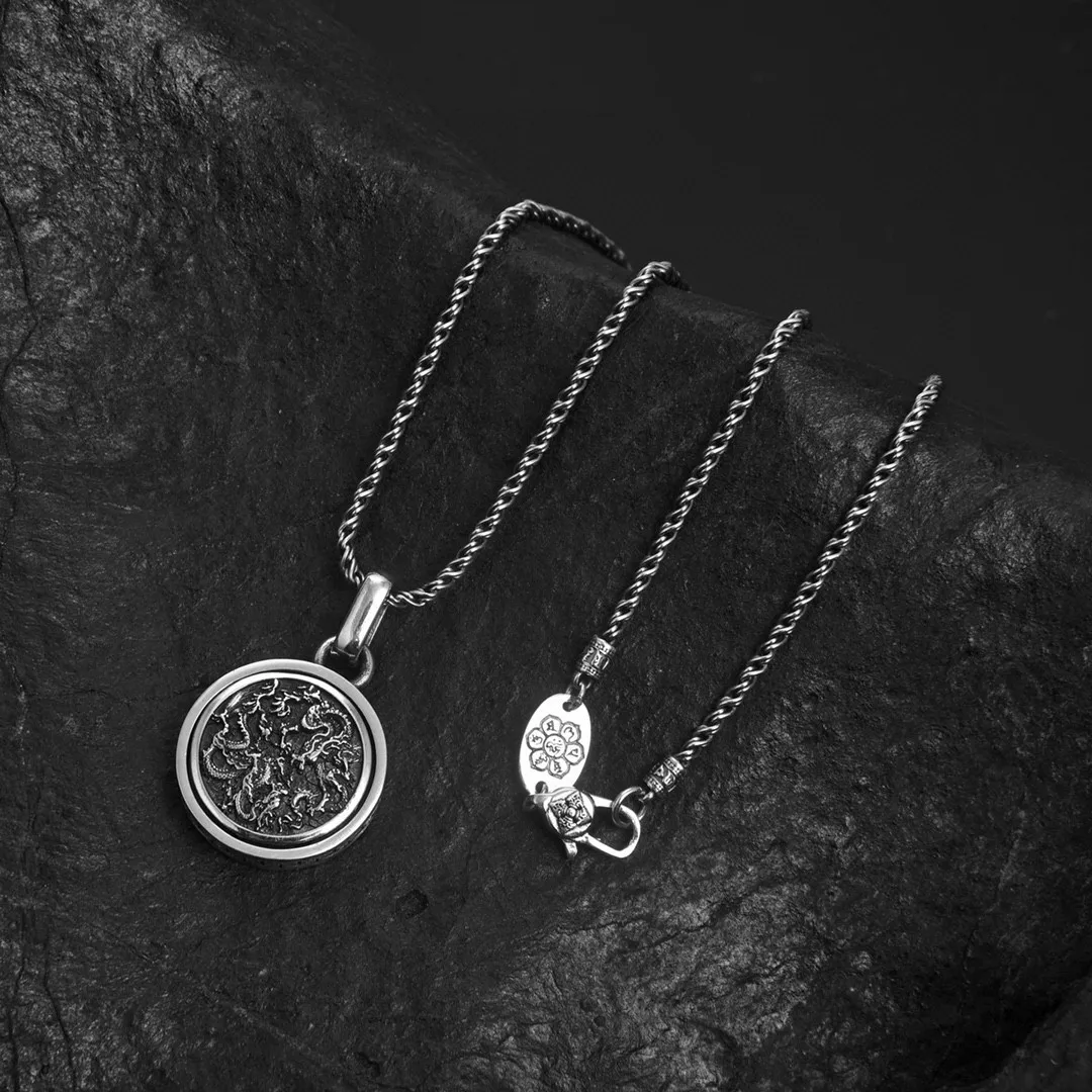 Sterling Silver  Dragon rotating necklace men's and women's ancient ethnic style niche design pendant men's hip hop cool pendant