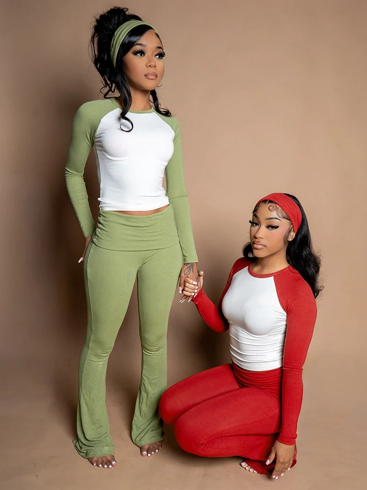 Спортивный костюм Sisterlinda, комплект из 2 предметов, женские рождественские лоскутные укороченные топы + длинные брюки, уличная одежда, спортивные повседневные эластичные простые наряды