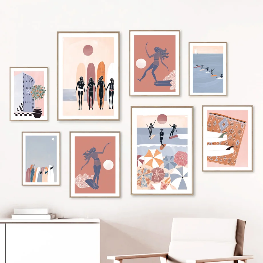 Summer Sea Beach Surf Girl Sun Modern Blue Abstract Poster Aesthetics Prints Wall Art Painting On Canvas Boho Living Room Dec