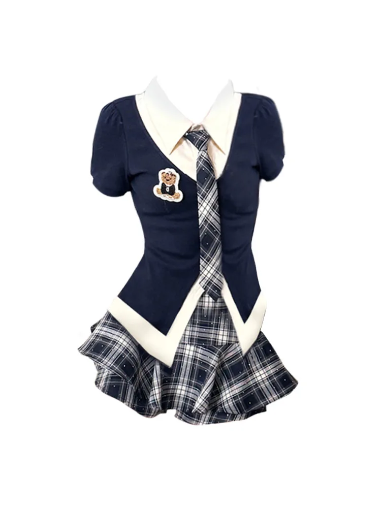 

plus Size Korean Style College Fashion Set High Waist Slimming Short Skirt Two Piece Set Summer Advanced Feeling Fake Two Pieces