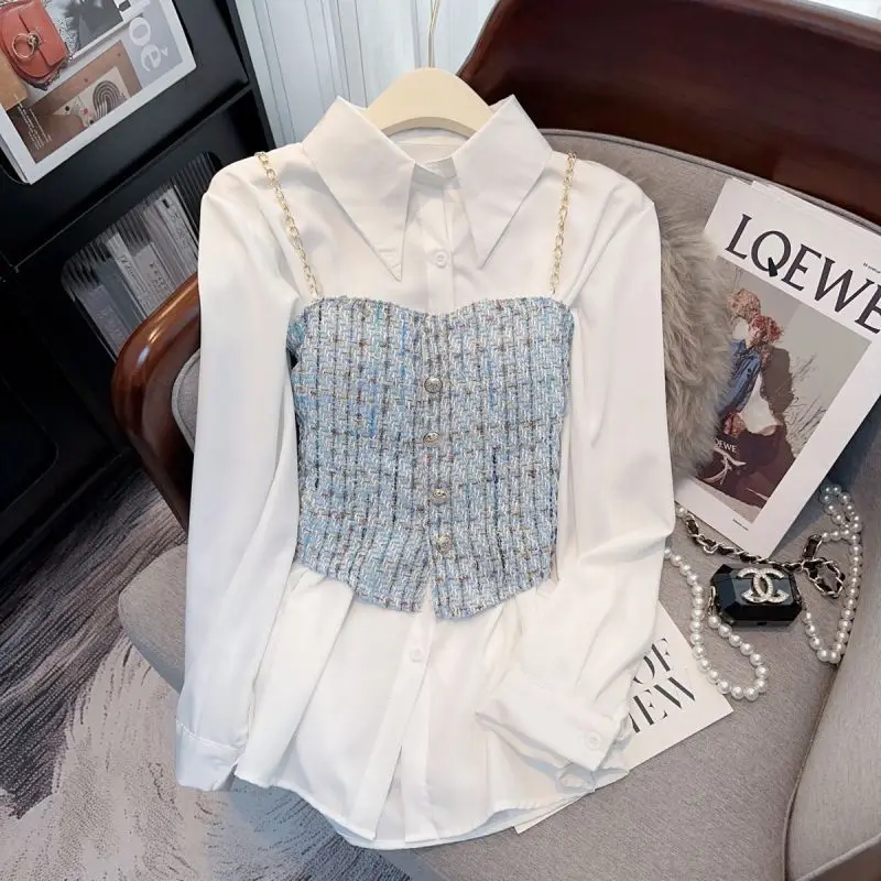 

2024 Spring Autumn Women's Graceful Plaid Vest Shirts Two Piece Set Lady Fashion Joker White Blouse Sling Suits New Tops Female