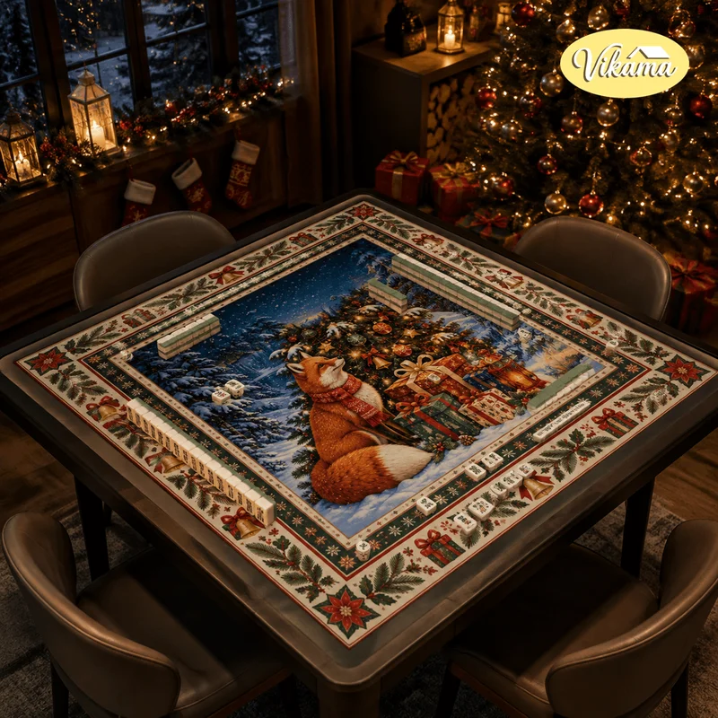 VIKAMA Christmas Mahjong Game Table Mat, Retro Christmas Gift Box Fox-Printed Non-Slip Absorbent Square Tablecloth, Home Decor