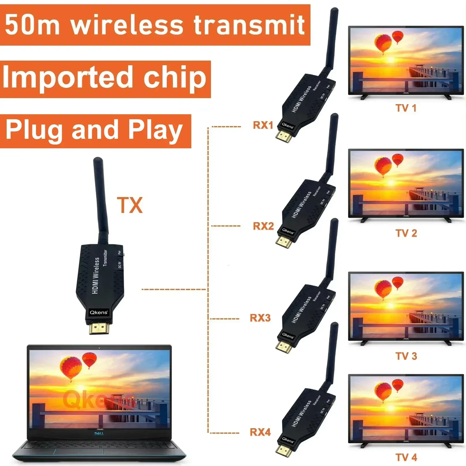 50m HDMI Wireless Extender Video Transmitter Receiver 1 Laptop and 2 3 4 TV Display for PS3/4 Camera PC To TV Monitor Projector