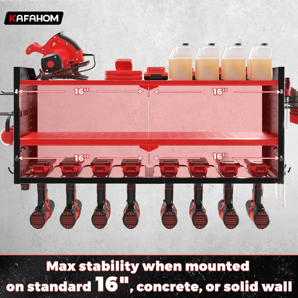 Support de perceuse mural avec 2 panneaux perforés latéraux, étagère à outils en métal rapide avec 12 crochets, évaluation d'outils électriques, grand support de 8 perceuses