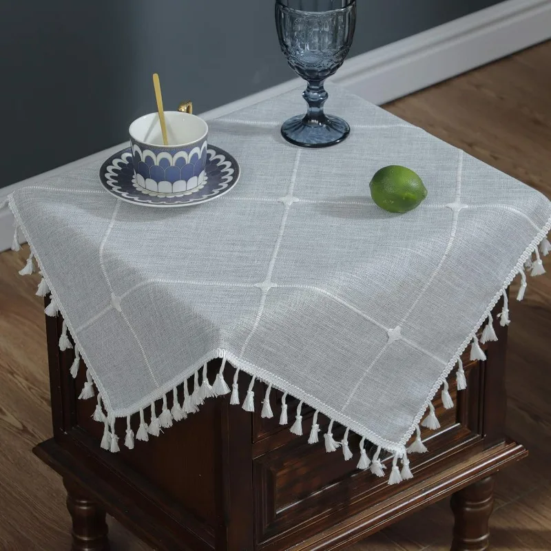 Linen Checked Lattice Small Square Tablecloth Embroidery Tassel Table Cover for Home Dinning Tabletop 24x24 Inch(60x60cm), Gray