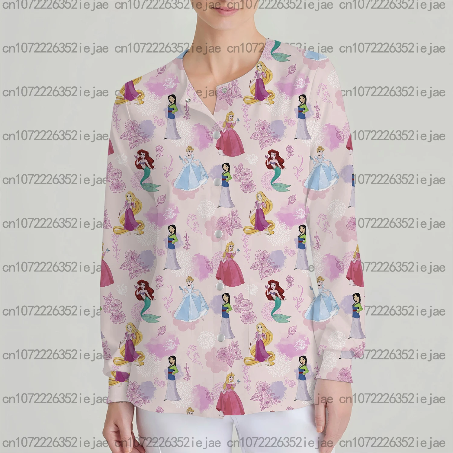 

Disney Collection Sweet Workwear Women's Mermaid Print Long Sleeve Double Pocket Cardigan Round Neck Beauty Salon Jacket