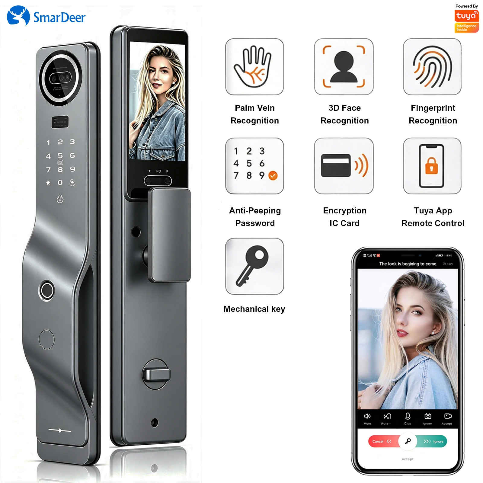SmaerDeer Gesichtserkennungs-Türschloss für Tuya Smart Lock Haushalts-Diebstahlschutz-Türschloss mit Fingerabdruck
