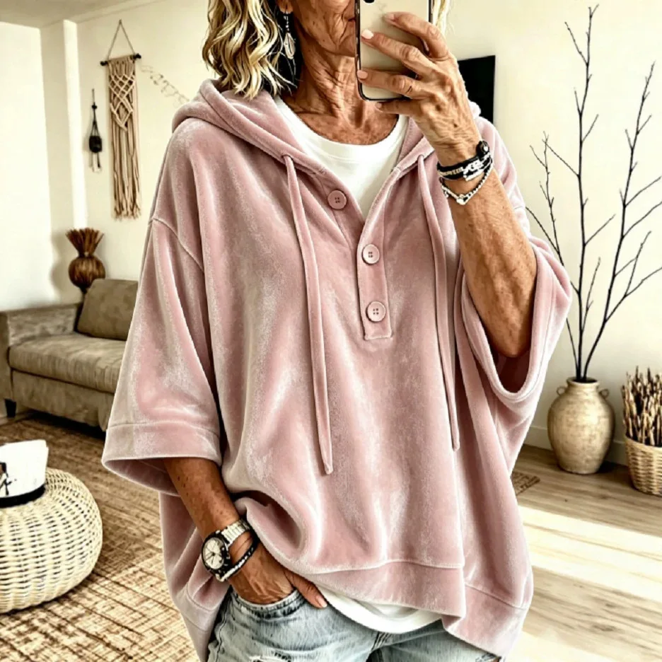 Gold Velvet Hooded. Sweatshirt, Loose Fit, Dropped. Shoulders, Three-quarter Sleeves, Half-zip, Solid Color. Random Women's Top