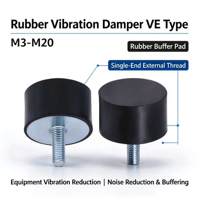 2Pcs M3 M4 M5 M6 M8 M10 M12 M16 VE Type Rubber Shock Absorber Single-head Thread Cylindrical Vibration Isolator Motor Buffer Pad
