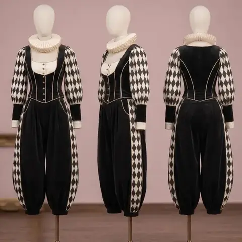 Custom Made Vintage Historical Harlequin Cosplay Costume Gothic Baroque Jester Top Pants Suit Halloween Joker Clown Outfit