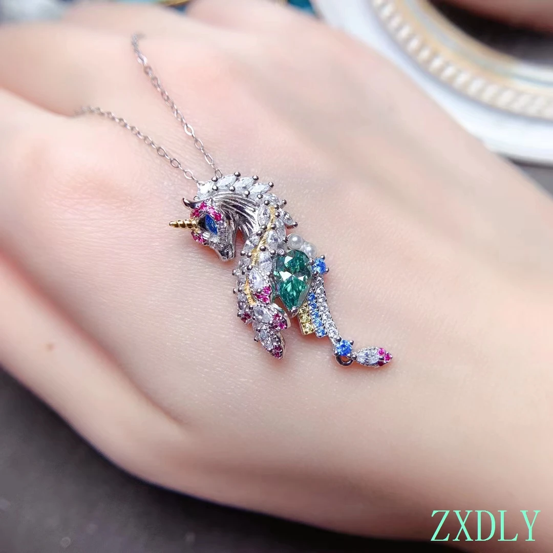 Lovely Animal Necklace For Women Child Jewelry Shiny Water Drop Green Moissanite Pendant  925 Silver Birthday Gift  1.5ct Gem