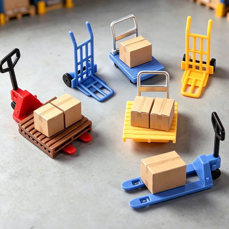 11pcs/set Miniature Warehouse Transportation Tool Model Set Plastic Pulling Cart Forklift Board Model Kits Diorama Accessories