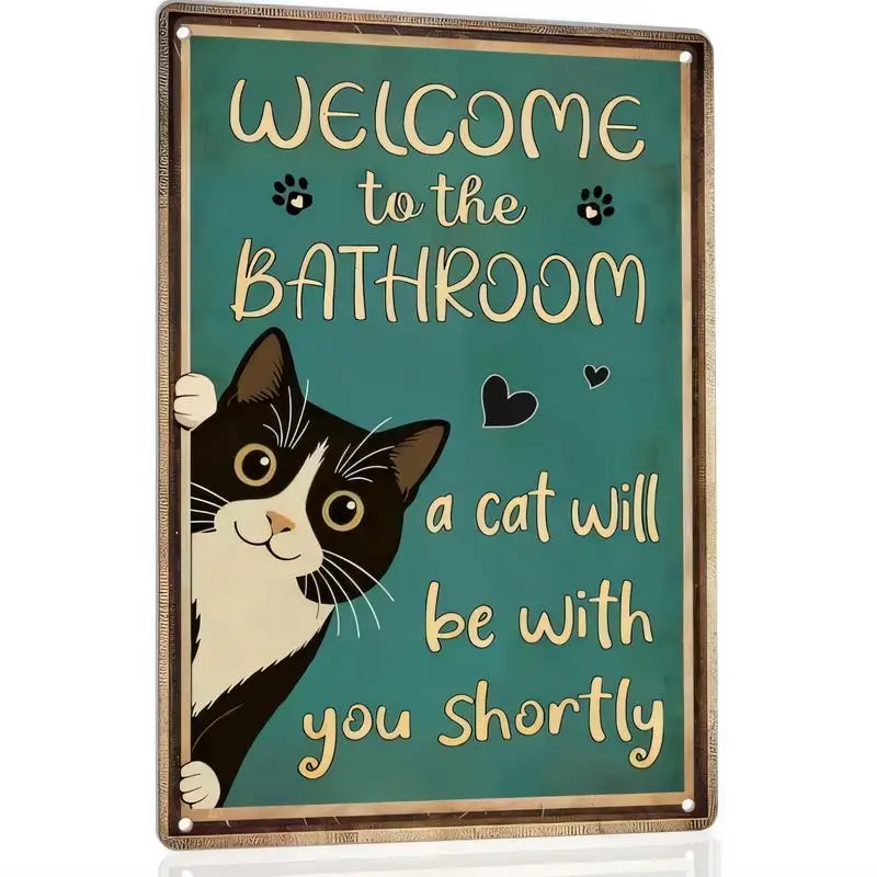 Retro Metal Bathroom Sign, Cute Cat Peeking Design - Teal Background, Iron Wall Art with Welcome to Bathroom Text, Perfect for H
