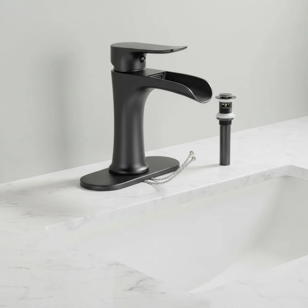 

Waterfall Bathroom Faucet Matte Black Single Handle with Pop Up Drain for Vanity Farmhouse RV Vessel Basin