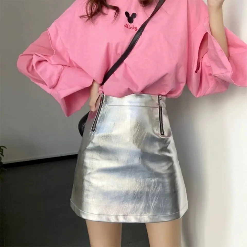 

Spring Metallic Silver A-line Short PU Skirts Zipper Fashion High Waist Slim Mini Faux Leather Skirts