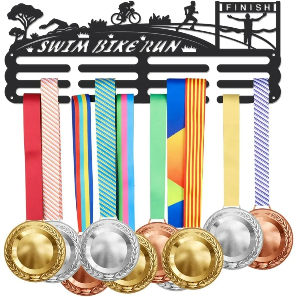 Triathlon Medal Holder Swim Bike Run Sprint Medals Display Black Iron Wall Mounted Hooks Hanging Medal Rack Display making kit