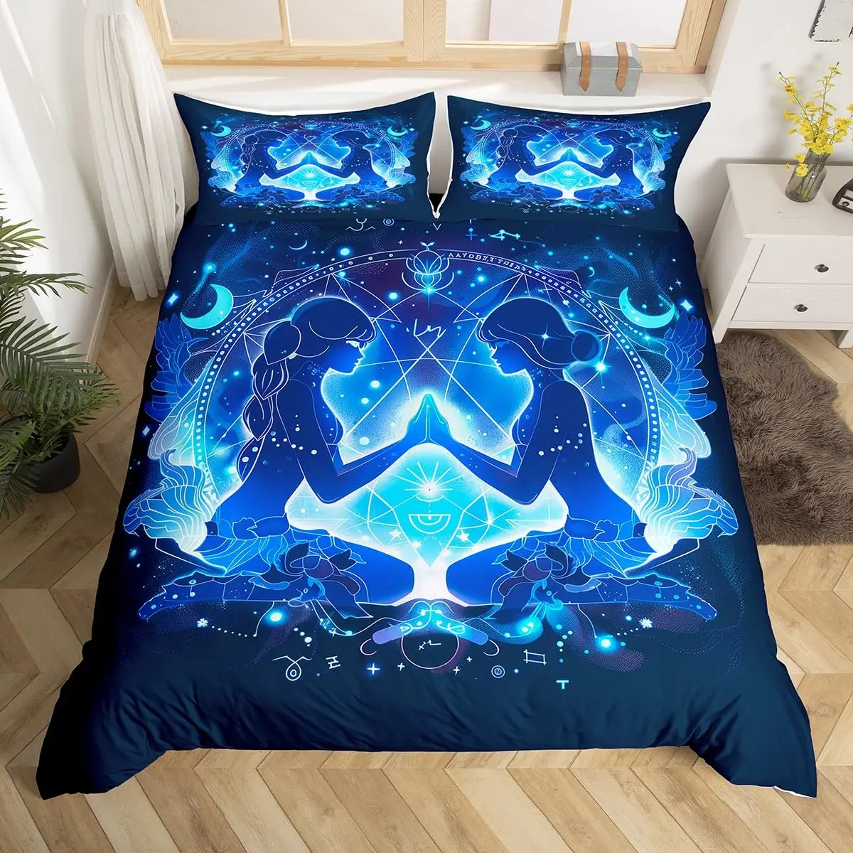 Gemini Duvet Cover King,Boho Starry Constellations Astrology Zodiac Comforter Cover Mandala Flower Neon Blue Glitter Bedding Set