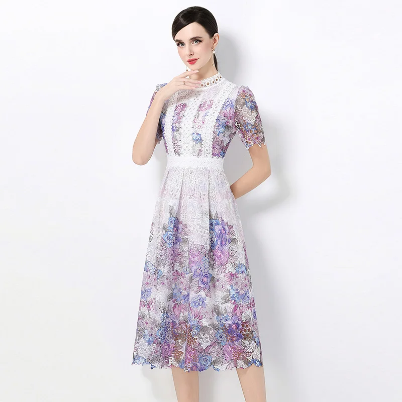 Verão retro elegante vestido feminino mangas curtas gola padrão floral decoração vestido oco rendas roupas de emagrecimento