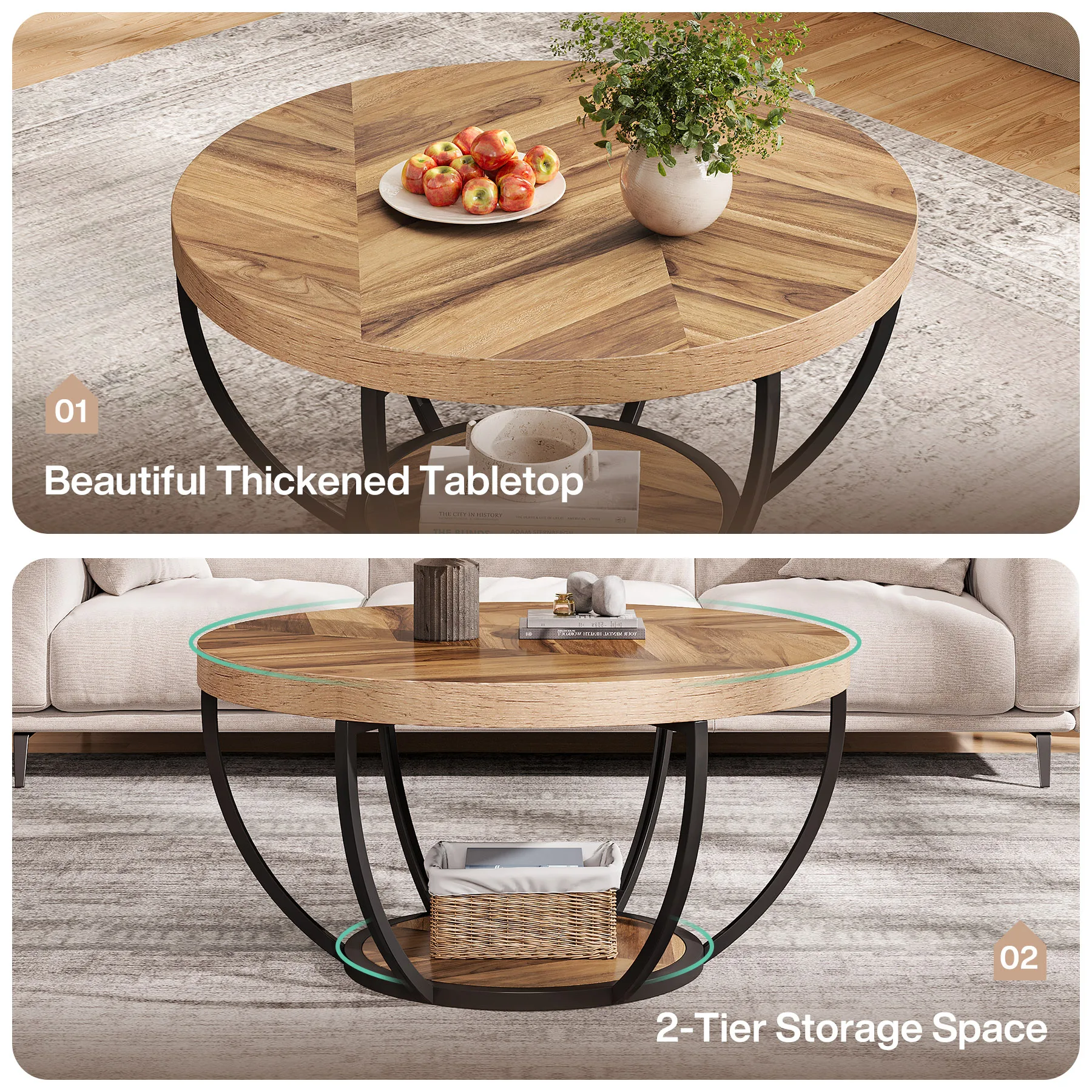 Tribesigns 31.7" Round Coffee Table, Industrial 2-Tier Circle Coffee Table with Storage Shelves, Modern Wooden Accent Center Tab image 5