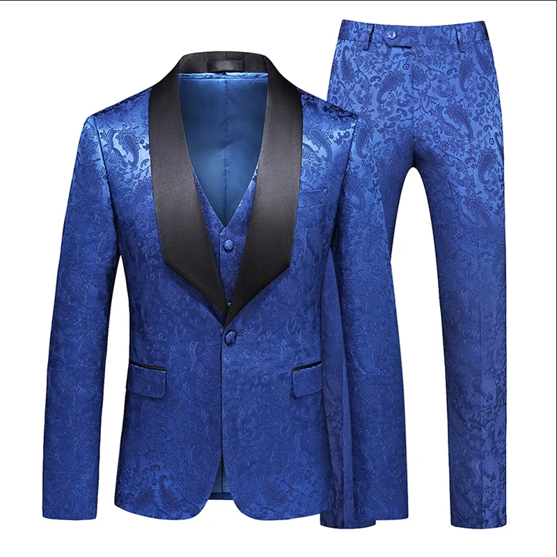 ( Jacket + Pants + Vest ) Brand Male Court Banquet Jacquard Dress Men Wedding Suit 3-piece Set Slim Fit Swallowtail Clothing