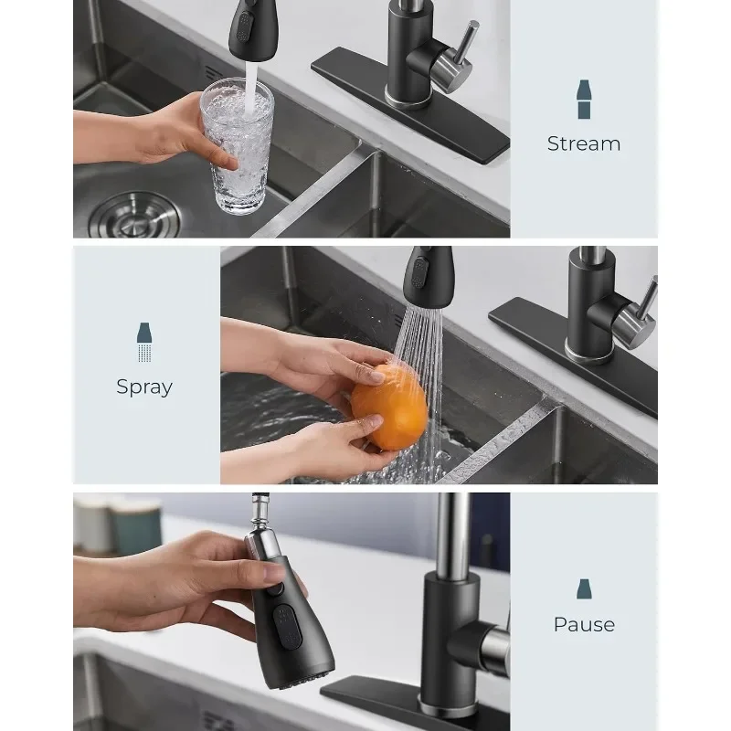 FORIOUS Kitchen Faucet with Pull Down Sprayer, Brushed Black, High Arc Single Handle, Deck Plate, RV Stainless Steel, 1.8 GPF