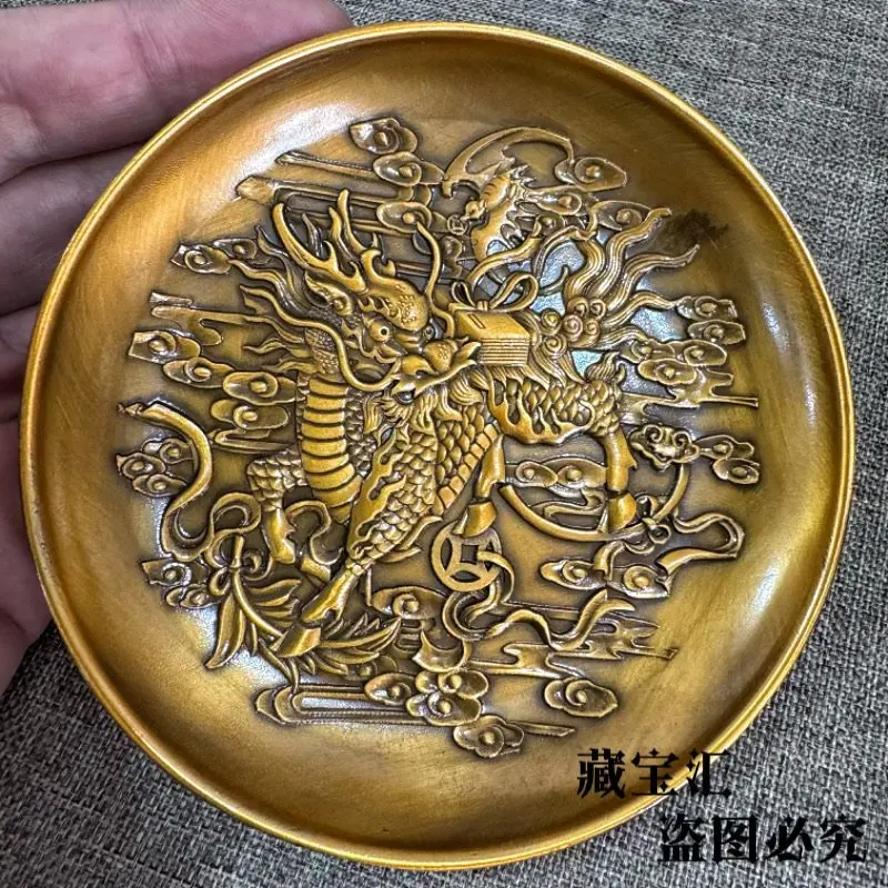 Old Collection Handmade Antique Thickened Relief Kylin Carrying Book Brass Plate Fortune Gathering Home Decor Sculpture