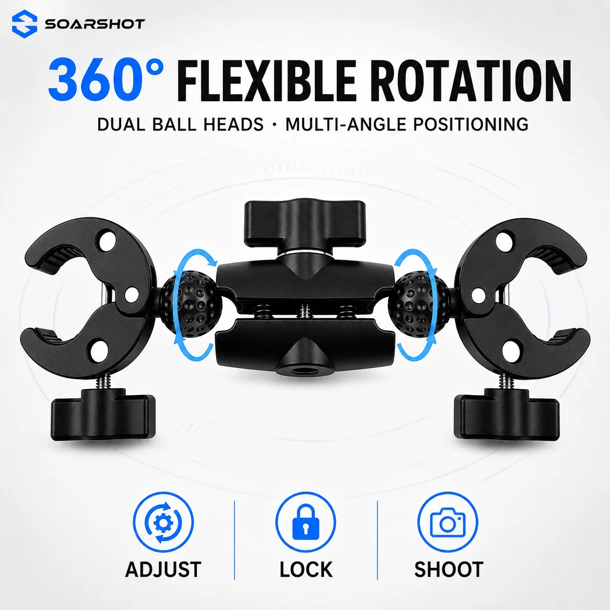 SOARSHOT Double Crab Clamp Camera Mount with Adapter Kit 360° Arm for GoPro Insta360 DJI Action Motorcycle Bicycle Handlebar