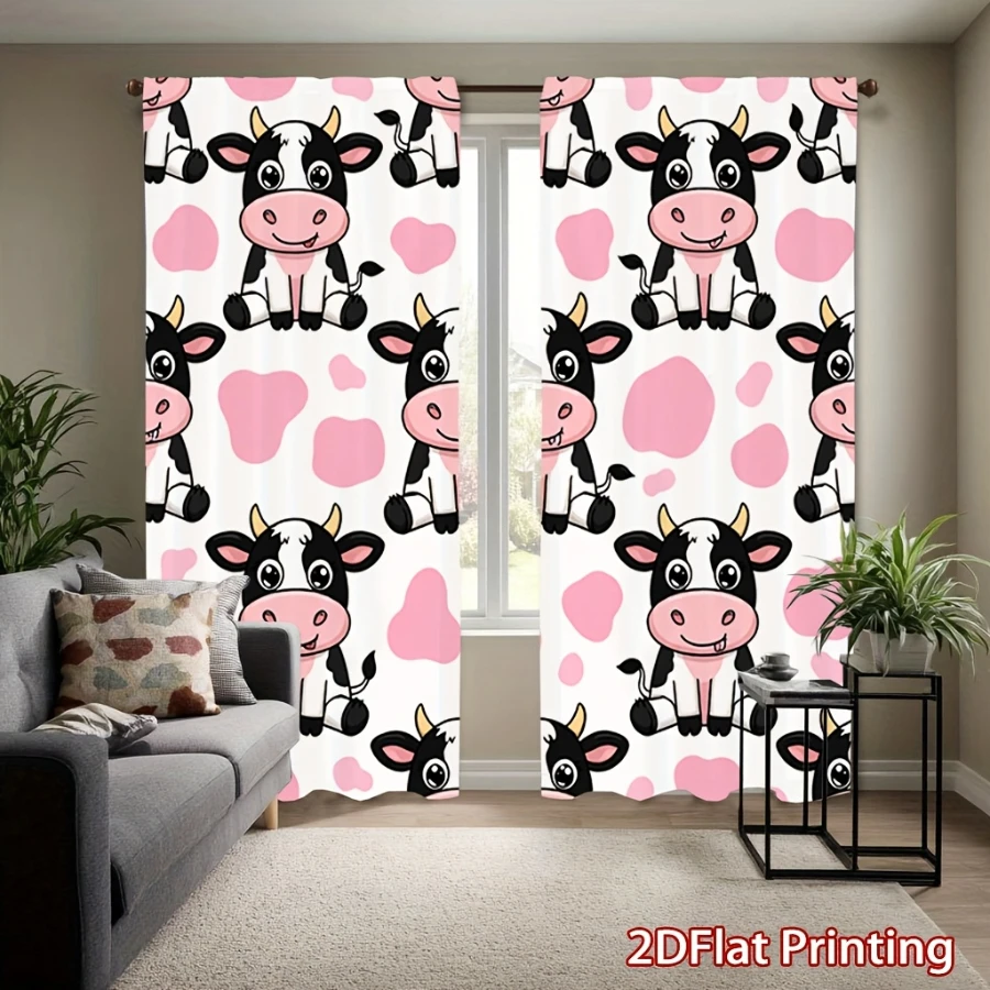 2PCS Cute Cow Print Curtains, Pink Cow Spots Pattern, Kawaii Animal Style Rod Pocket Drapes for Kids Bedroom Nursery Decor
