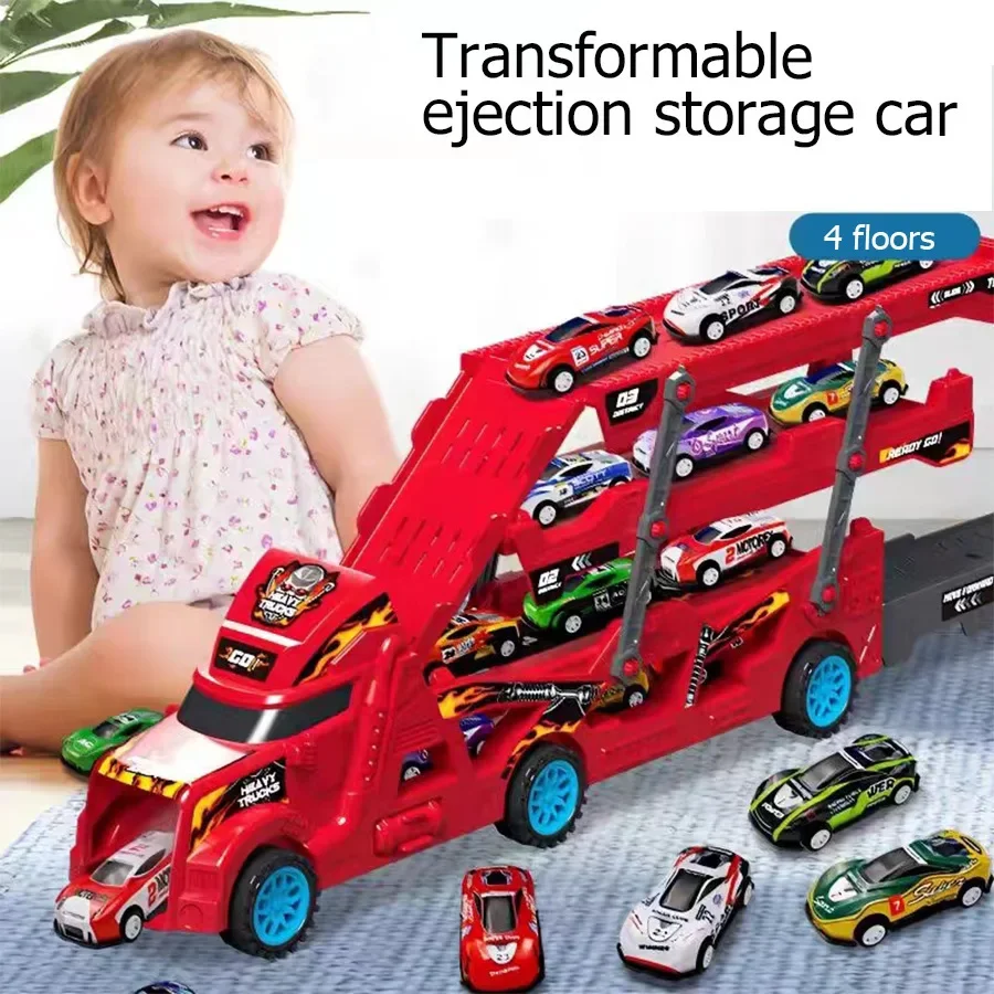 Pull Back Alloy Mini Toy Cars,Deformable Ejection Track Transport Truck,Foldable Storage Kids Play Set For Home Scene Play