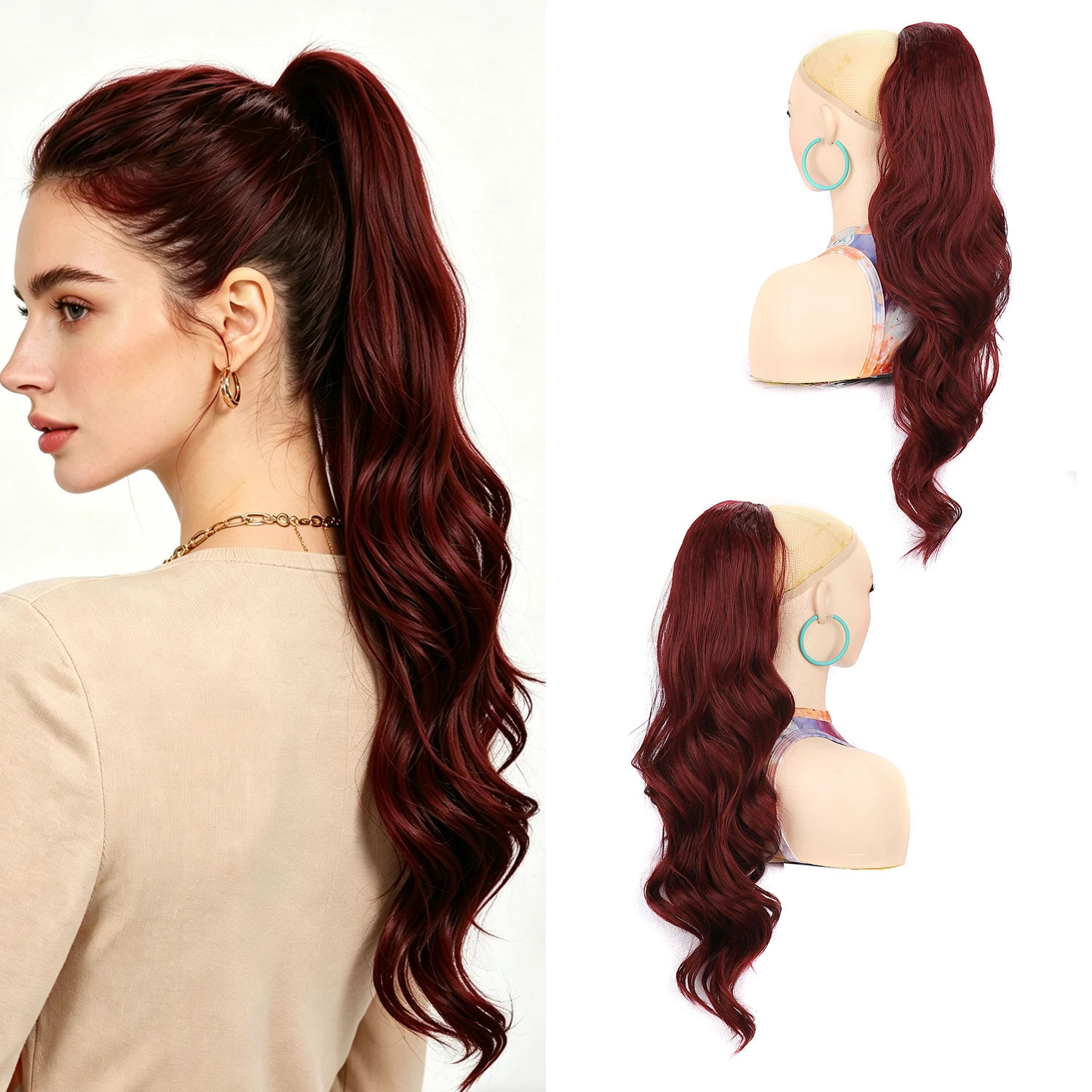 

24 inch Long Wavy Drawstring Ponytails Extension Pony Tails Hair Extension for Women Synthetic Hairpiece Ponytails for Daily Use