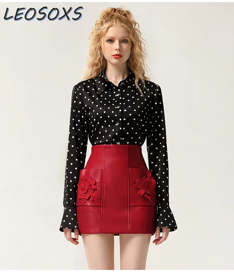 

LEOSOXS Fashionable Temperament Set Autumn 2024 New Polka Dot Satin Shirt Red Skirt Sets Hot Sale 2 Piece Sets Womens Outfits