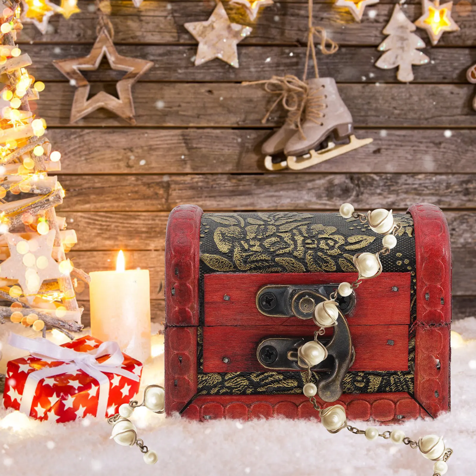 Wood Candy Box Retro Christmas Treasure Chest for Sweets, Chocolates, Mints, Jewelry – Holiday Gift & Decor