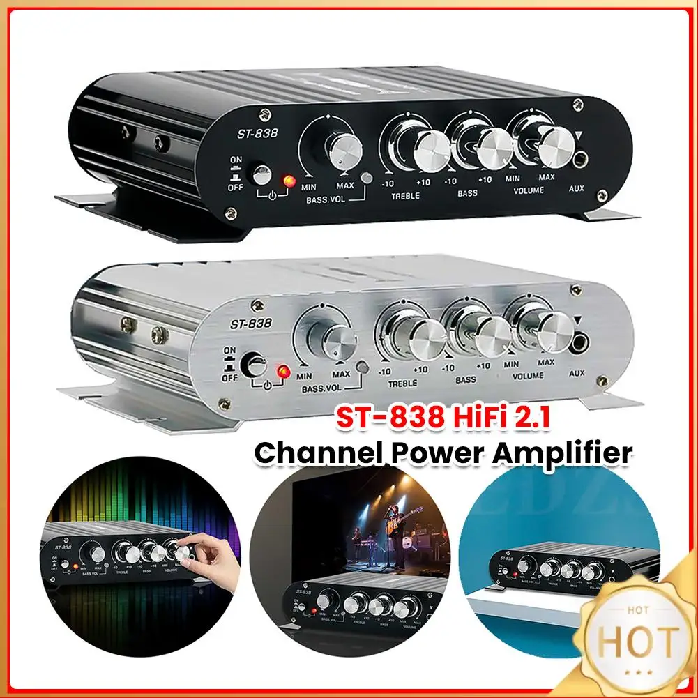 ST-838 HiFi 2.1 Channel Audio Amplifier Bass and Treble Adjustment 80W*2 Black Car Home Amp Mini Media Player