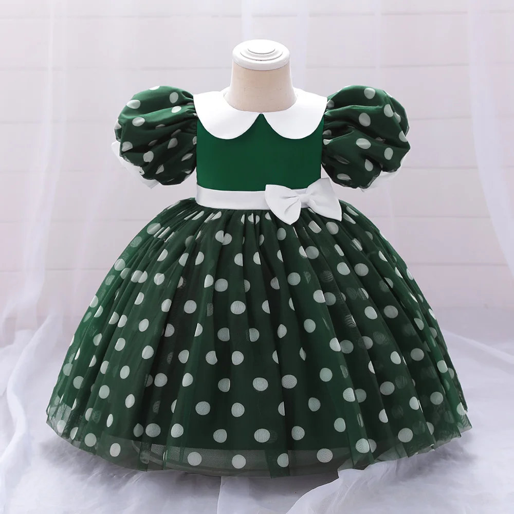 Girls Red Christmas Party Dress Puff Sleeve Bow Tulle Princess Wedding Birthday Dresses for Kids Polka Dot Birthday Prom Costume