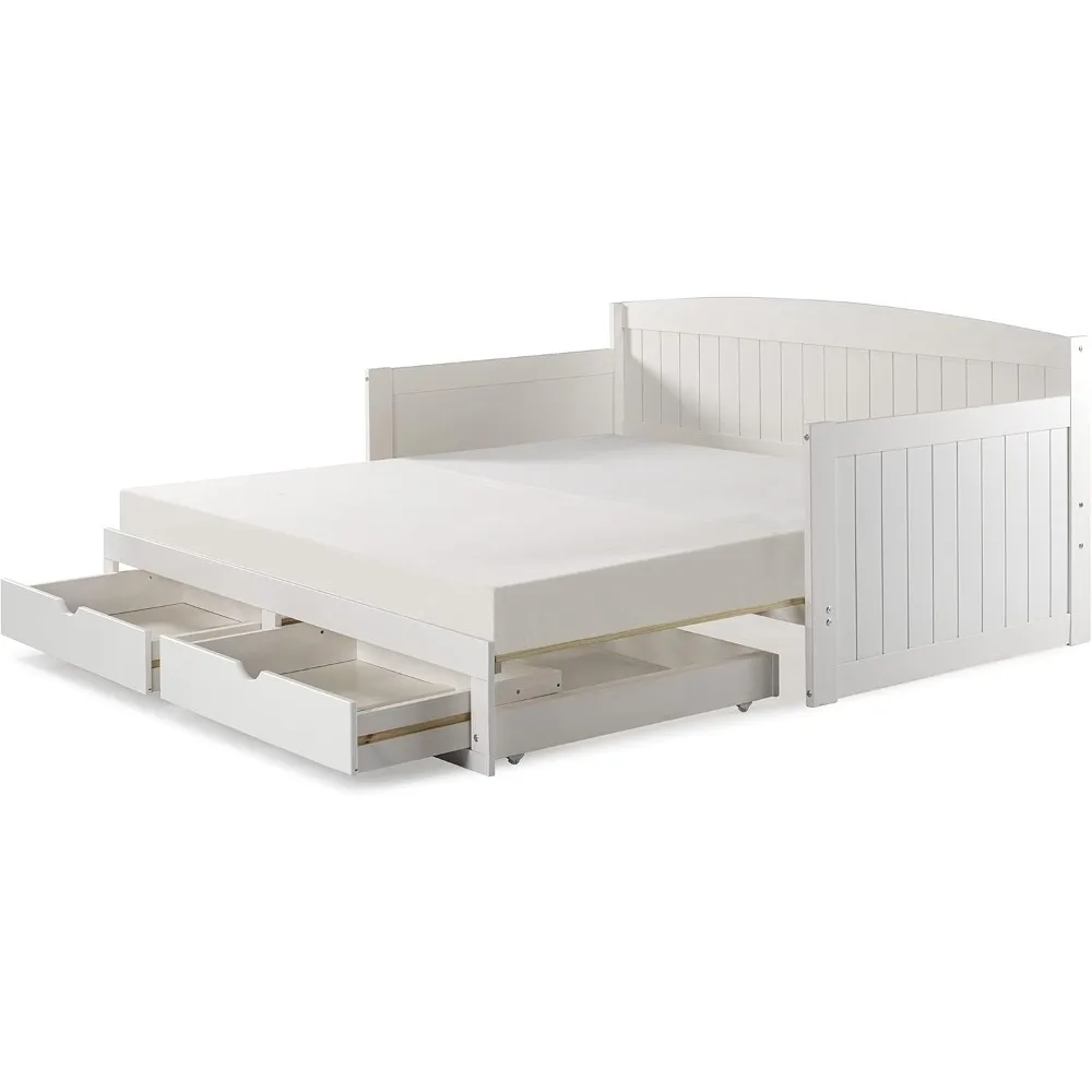 Wood Daybed, Single, White Brazilian Pine Trundle Bed for Sleepovers with Kids, 2 Pull-Out Drawers, 440 lbs Weight Capacity