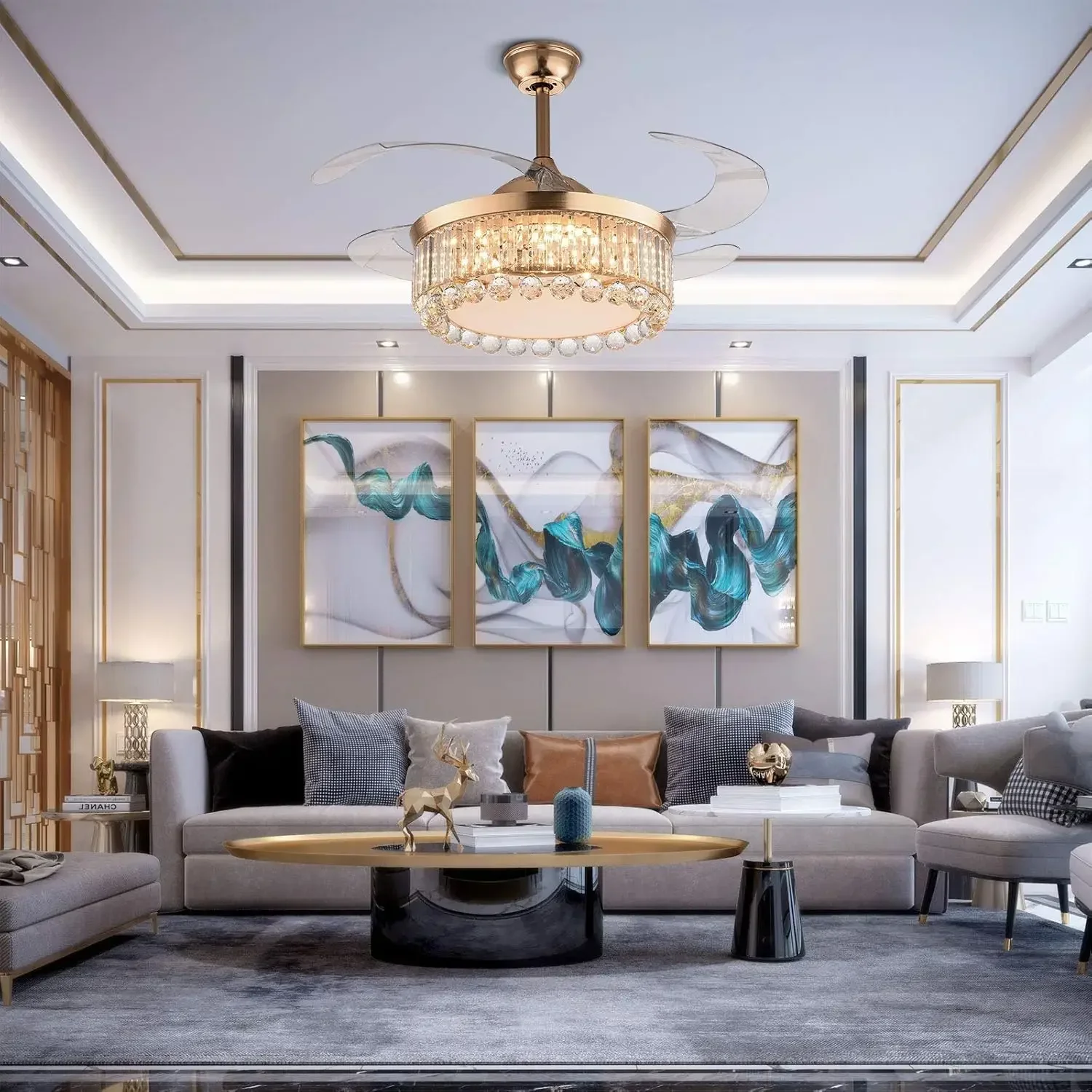 골드 크리스탈 천장 팬 조명 이미지