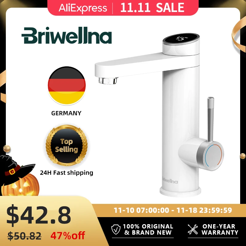 

Briwellna Electric Water Heater 220V Basin Faucet Heated Water Tap 120° Swivel Spout Intelligent Water Heater Mixer Geyser