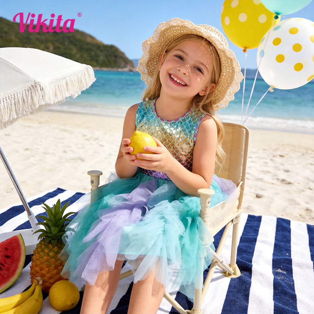VIKITA Kids Summer Sleeveless Dresses Girls Mermaid Dress Girls Birthday Party Tutu Mesh Layered Dresses Kids Clothes 3-8Y