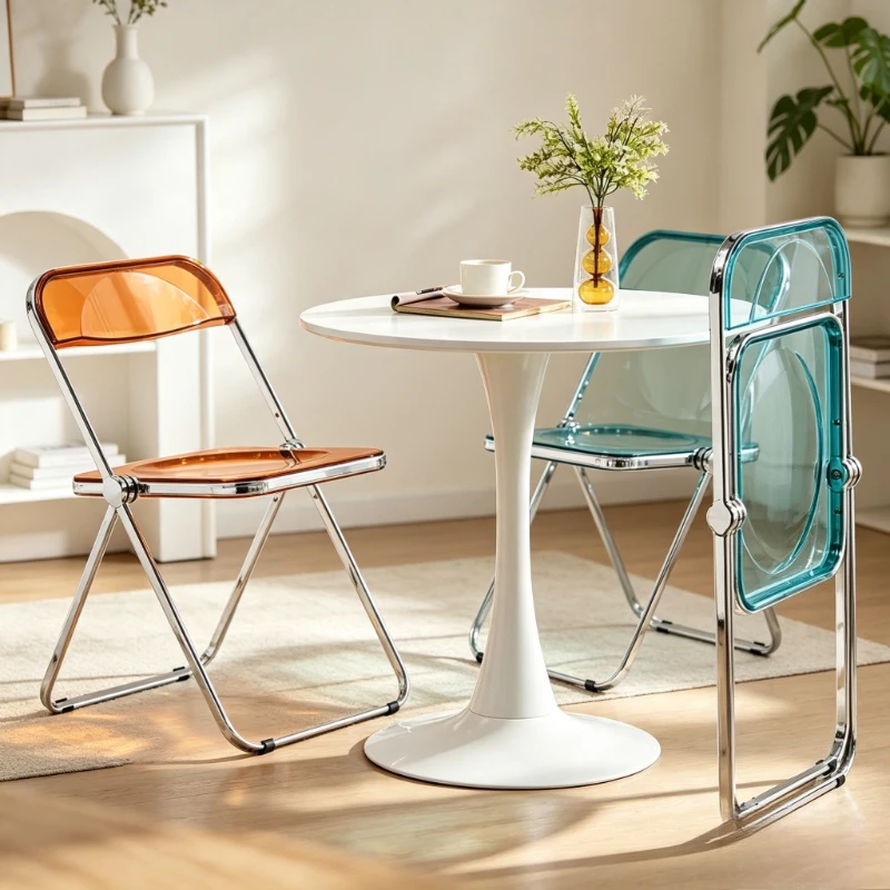 Clear Acrylic Folding Chair Transparent Nordic Style Dining Seating Modern Vanity Makeup Stool for Home Bedroom Space-Saving