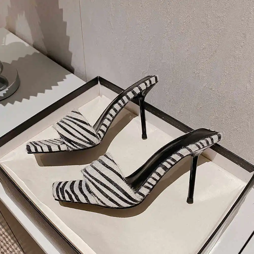 

Zebra Print Velvet Slip-On Slippers Summer Sexy Women Square Toe Thin High Heels Fashion Leisure Footwear