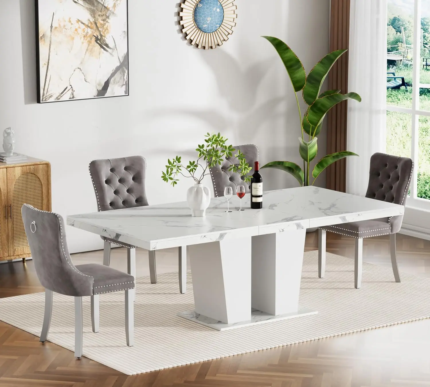 White Faux Marble Expandable Dining Table Set 4, Customized