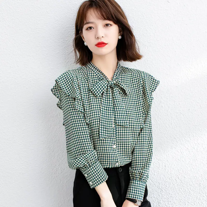 

Sweet V-Neck Printed Ruffles Lace Up Bow Houndstooth Shirt Female Clothing 2022 Autumn New Casual Tops Loose Office Lady Blouse