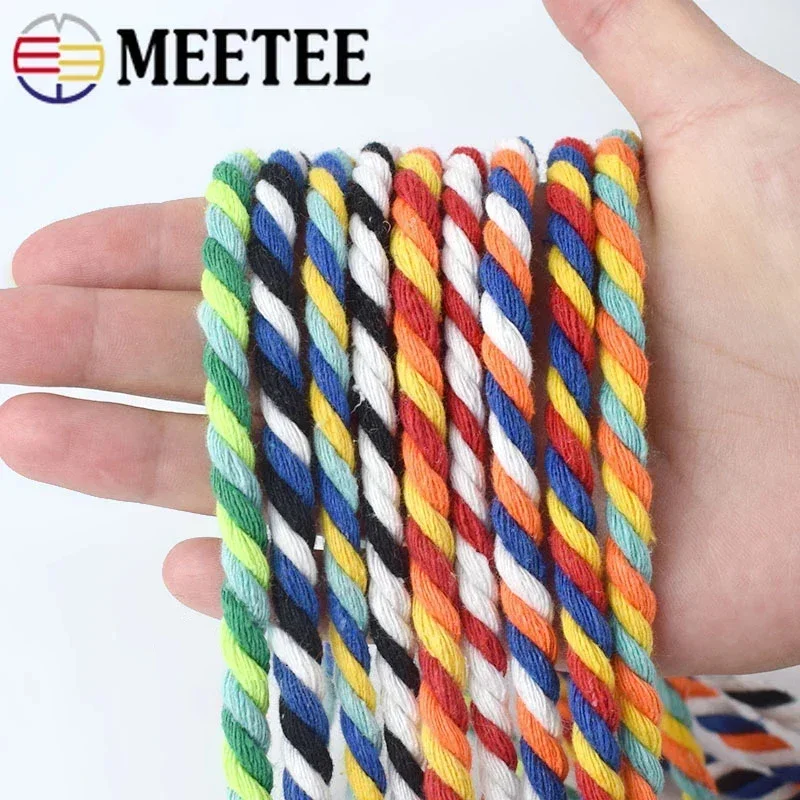 Meetee 10/20M 5mm Colored Cotton Rope 3 Shares Twisted Cords for Bag Belt Decoration Macrame Cord Twist Ropes Sewing Accessories