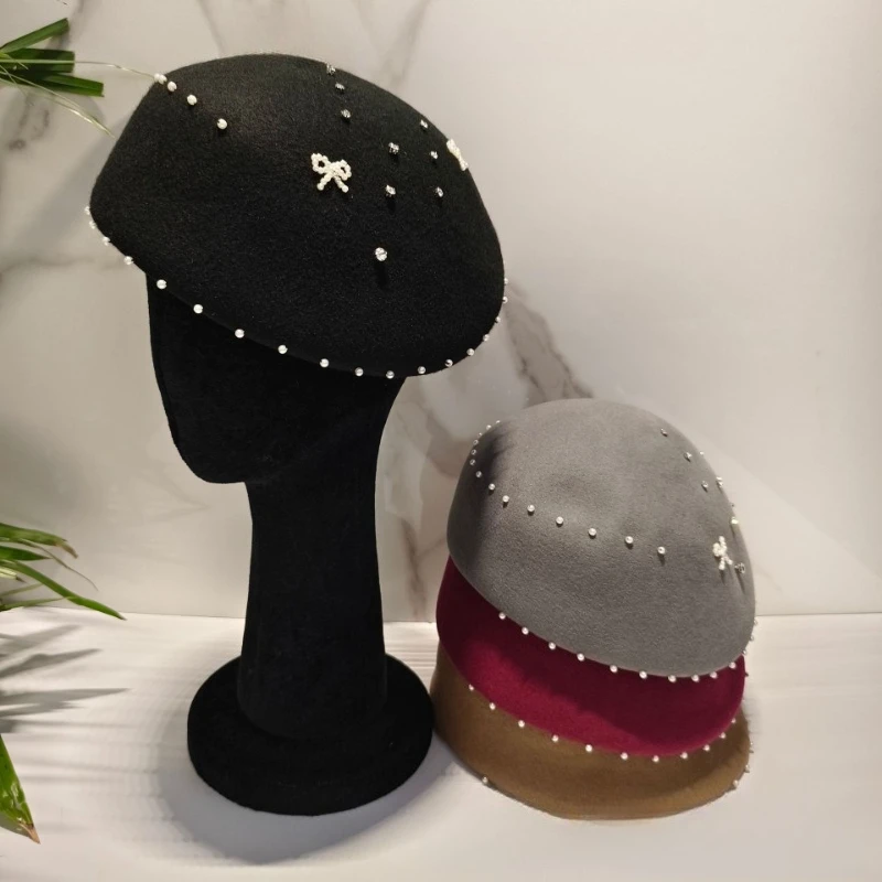 Luxury Luxurious Hand Sewn Pearl Rhinestone Beaded Flowered Hat Australian Wool Beret Elegant Flight Attendant Hat